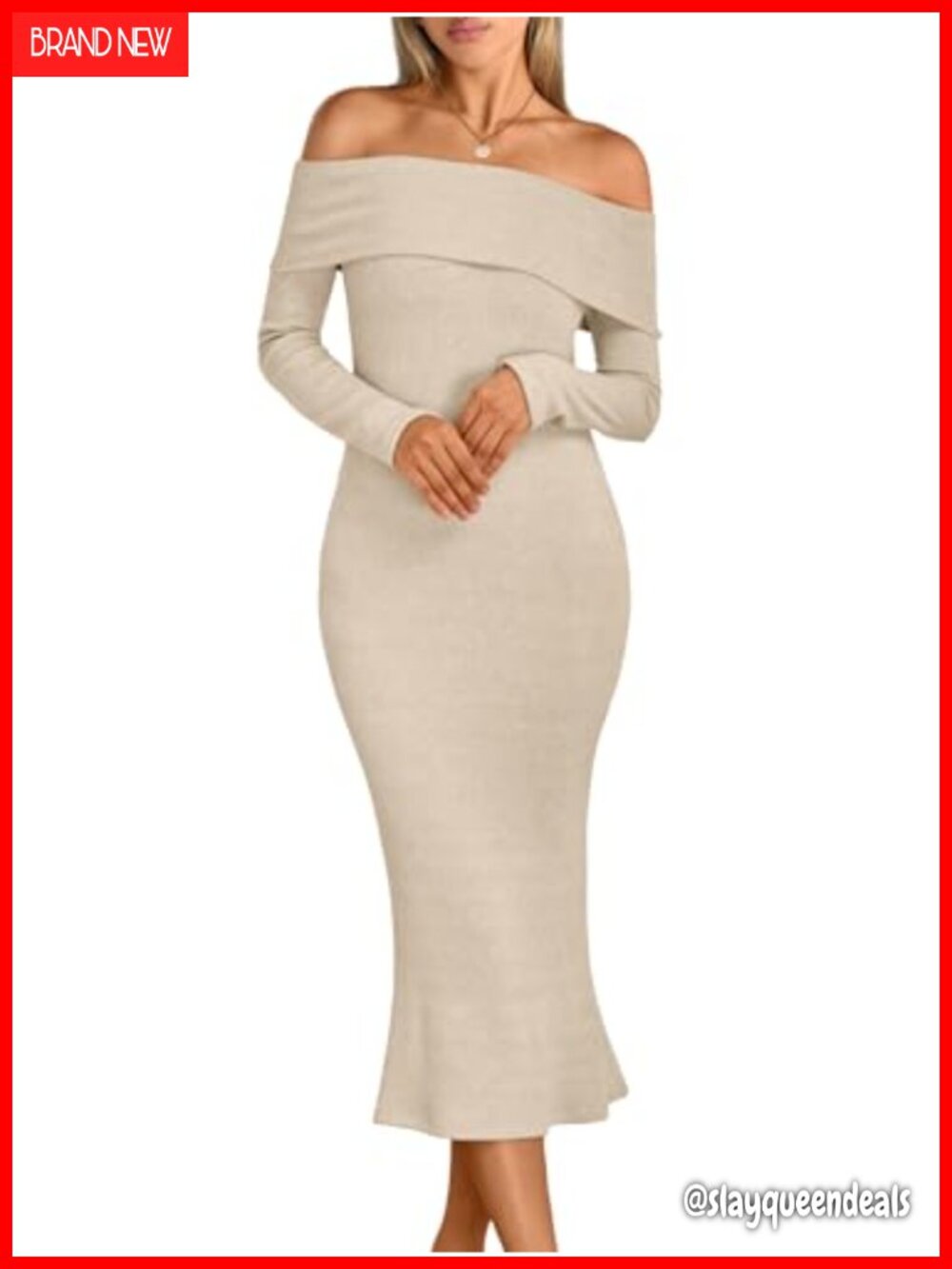 Off Shoulder Ribbed Knit Bodycon Midi Sweater Dress Long Sleeve Party